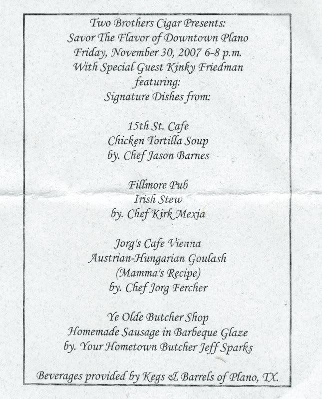 Kinky Friedman event menu