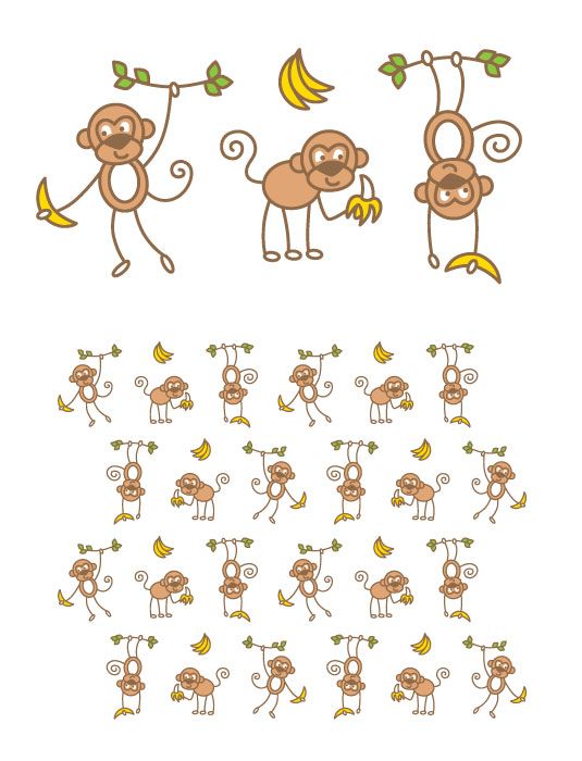 Monkey fabric design in 4 colors, with cute cartoon monkeys and bananas.