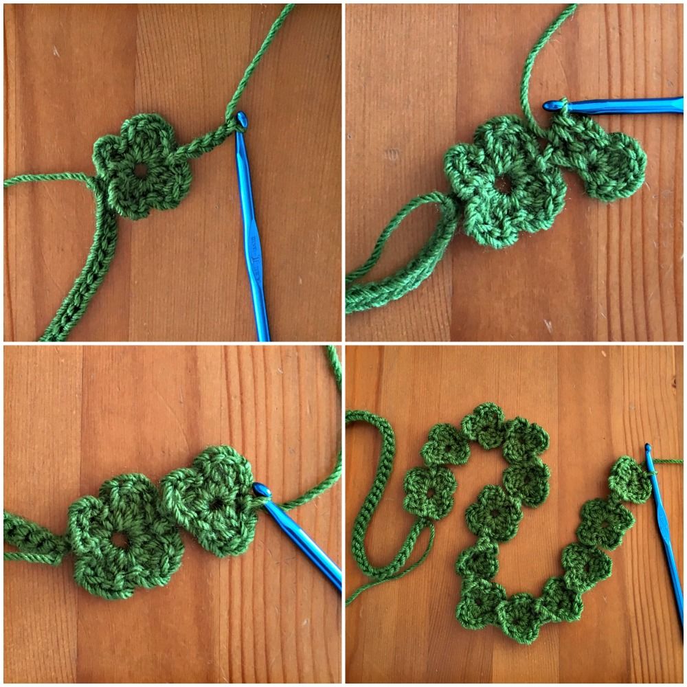 Shamrock Flower Crown for St. Patrick's Day: free crochet pattern for a 3-leaf or 4-leaf clover flower chain | She's Got the Notion