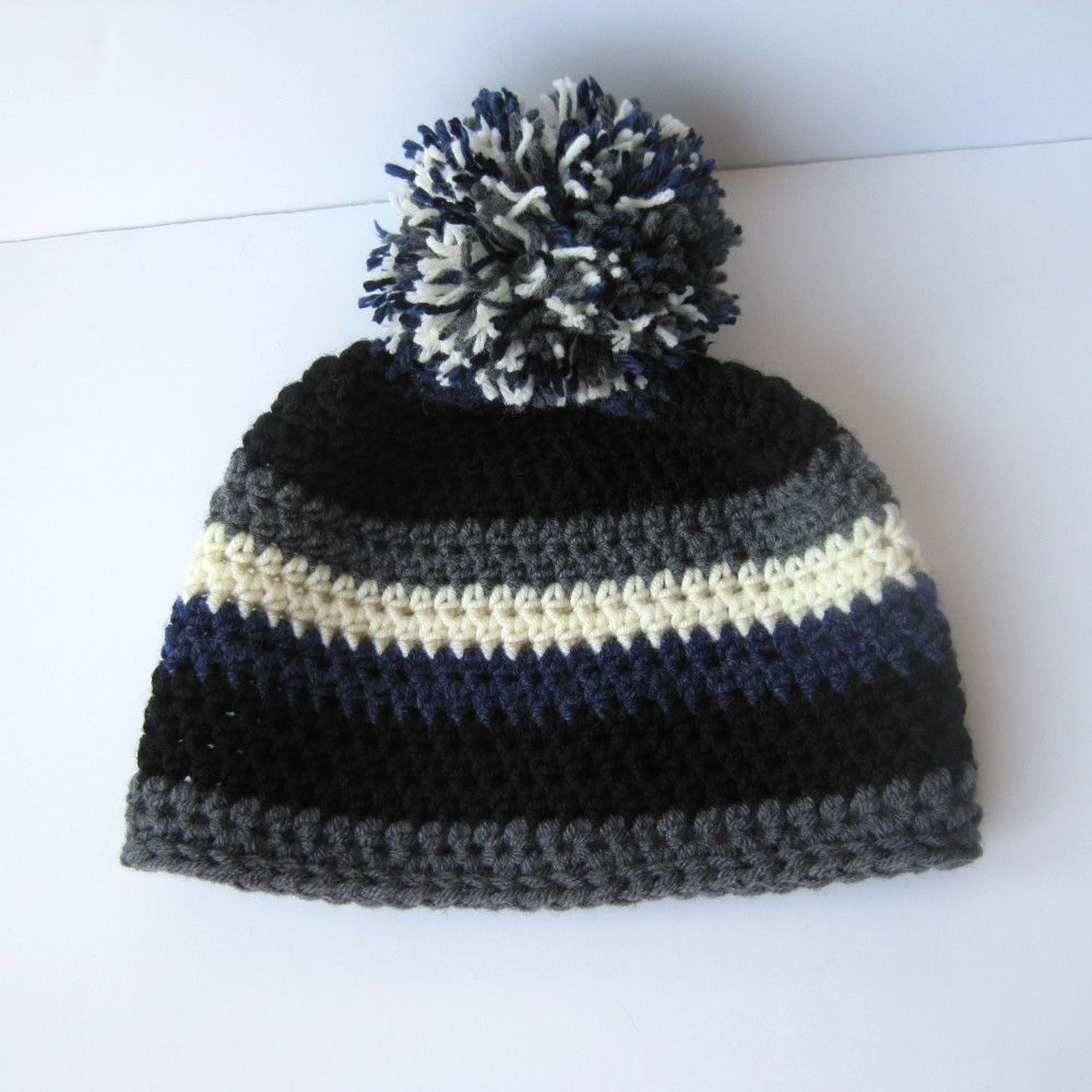 Chunky Stripe Crochet Beanie with Pom Pom | She's Got the Notion