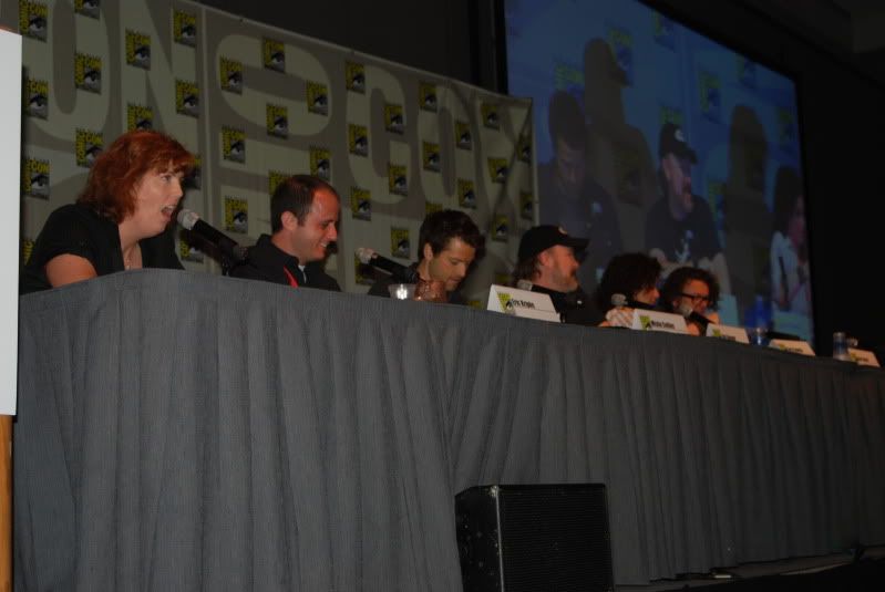 The Supernatural panel:  (from left to right) Moderator Maureen Ryan, Erik Kripke, Misha Collins, Jim Beaver, Sera Gamble and Ben Edlund 