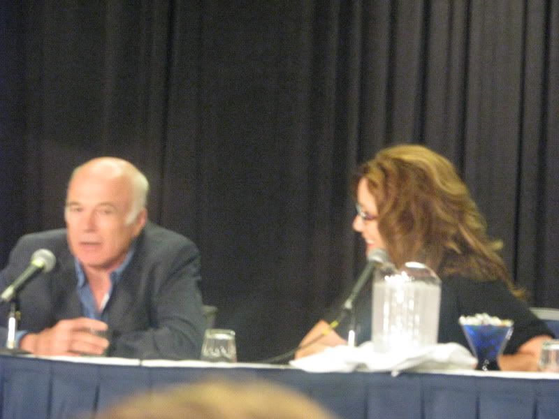 Mary McDonnell and Michael Hogan contemplating audience questions during 