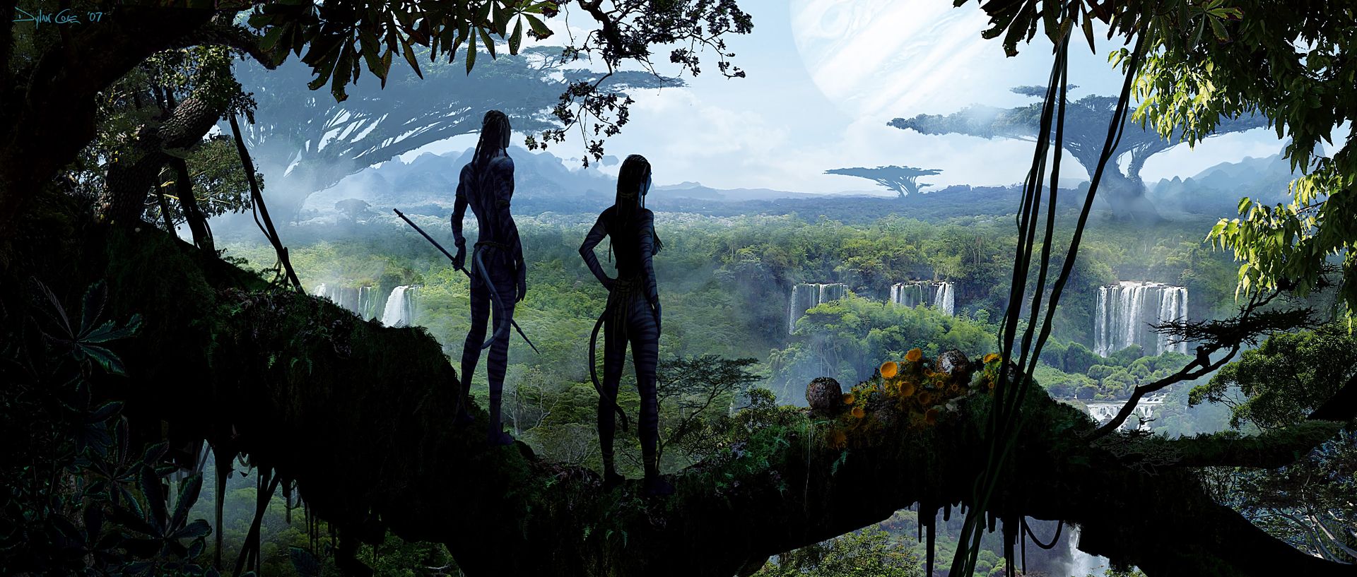 Pandoras breathtaking panorama, observed by the avatar Jake and his native love interest Neytiri.