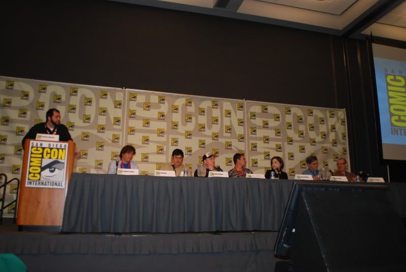 Motion Comics Panel:  (from left to right) moderator Gregory Noveck, Stephen Fedasz, Paul Dini, Dylan Coburn, Jake Hughes, Lydia Antonini, Paul Levits and Dave Gibbons.