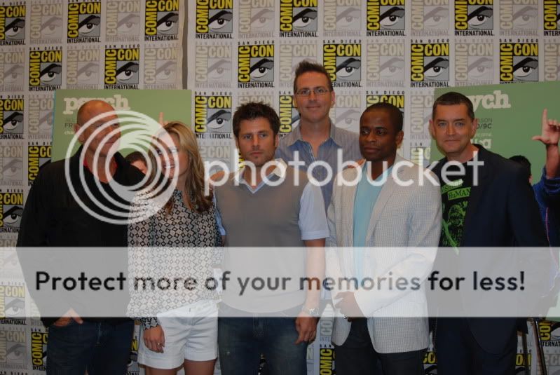 Psych talent:  (from left to right) Corbin Bernsen, Maggie Lawson, James Roday, series creator Steve Franks, Dule Hill, and Timothy Omundson.