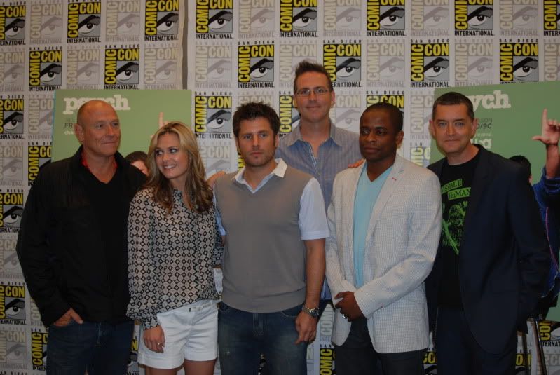 Psych talent: (from left to right) Corbin Bernsen, Maggie Lawson, James Roday, series creator Steve Franks, Dule Hill, and Timothy Omundson.