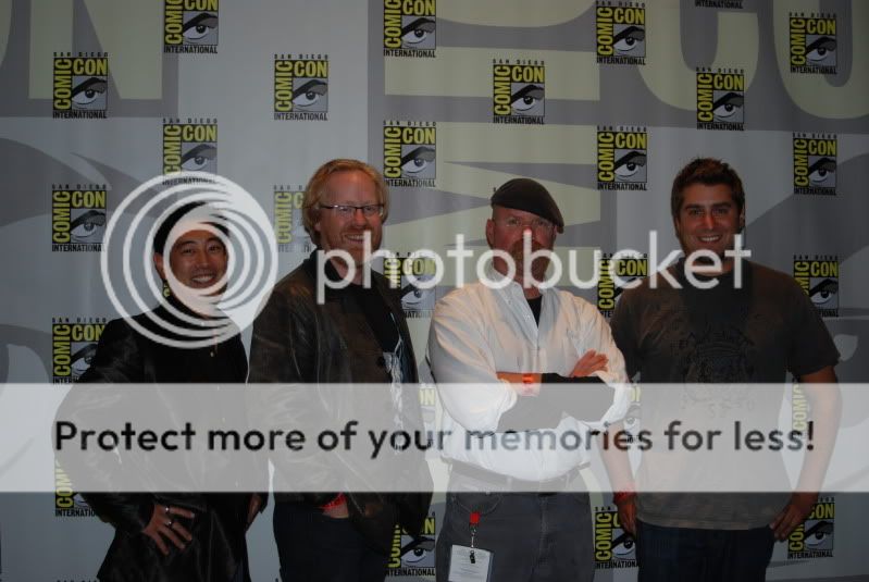 The cast of MythBusters: (from left to right) Grant Imahara, Adam Savage, Jamie Hyneman, and Tory Belleci