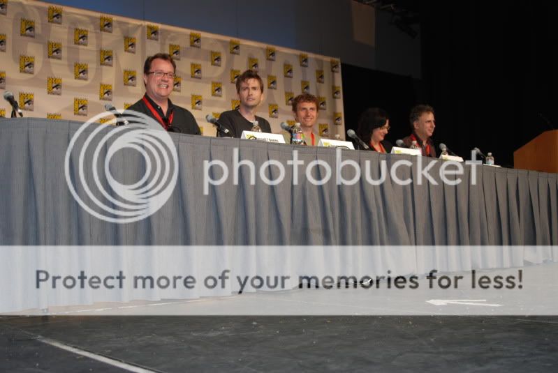 The Dr. Who panel:  (from left to right) Russel T. Davies, David Tennant, Euros Lyn, Julie Gardner, and moderator Robert Lloyd