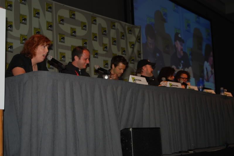 The Supernatural panel: (from left to right) Moderator Maureen Ryan, Erik Kripke, Misha Collins, Jim Beaver, Sera Gamble and Ben Edlund 