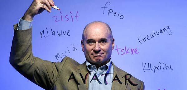 Dr. Paul Frommer, surrounded by Naavi words he created for Avatar. Photo ©2009 Los Angeles Times.