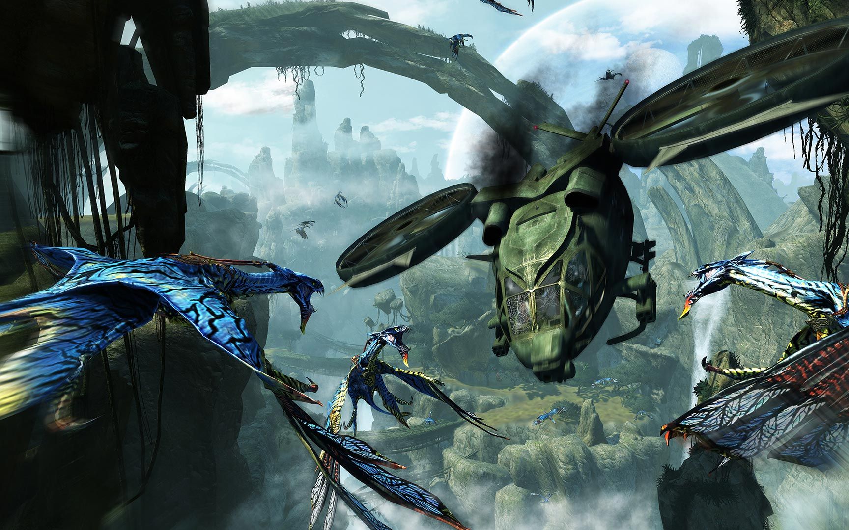 Naavi banshees colliding with military helicopters on Pandora, in a scene from Avatar. ©2009 20th Century Fox, all rights reserved.