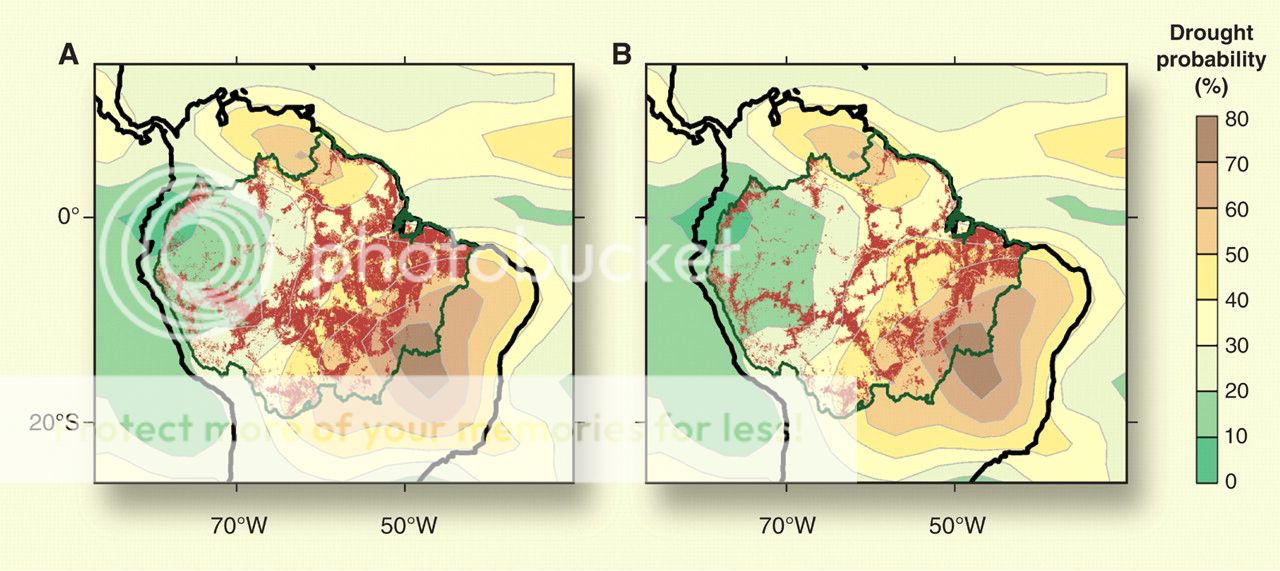 Two models of deforestation in 2050, under A) the current system and B) increased governance.